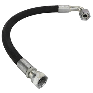 The AGCO Hydraulic Hose - Acw3484480 is a flexible hydraulic hose featuring metallic connectors on both ends, including one straight and one elbow-shaped fitting. Unfortunately, no current product description information is available.