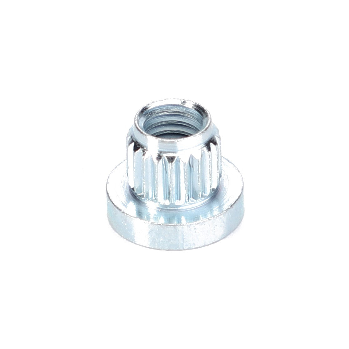 Close-up of the AGCO NUT - D28284942, a precision-engineered metal threaded nut with a flange and a knurled top edge, isolated on a pristine white background.