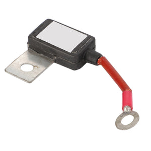 The AGCO | Capacitor - Acp0225350 by AGCO is a small electronic component featuring a metal bracket on one side and a red wire terminating in a circular metal connector on the other.