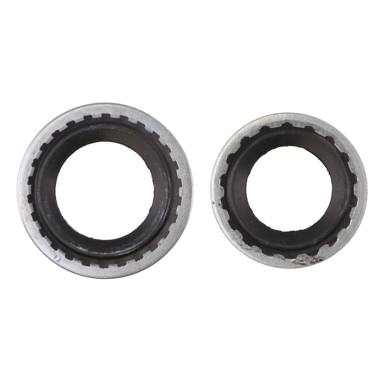 Two AGCO | Seal - 111681W91 metallic circular gear components with black interiors, placed side by side against a white background, lack any additional product description at this time.