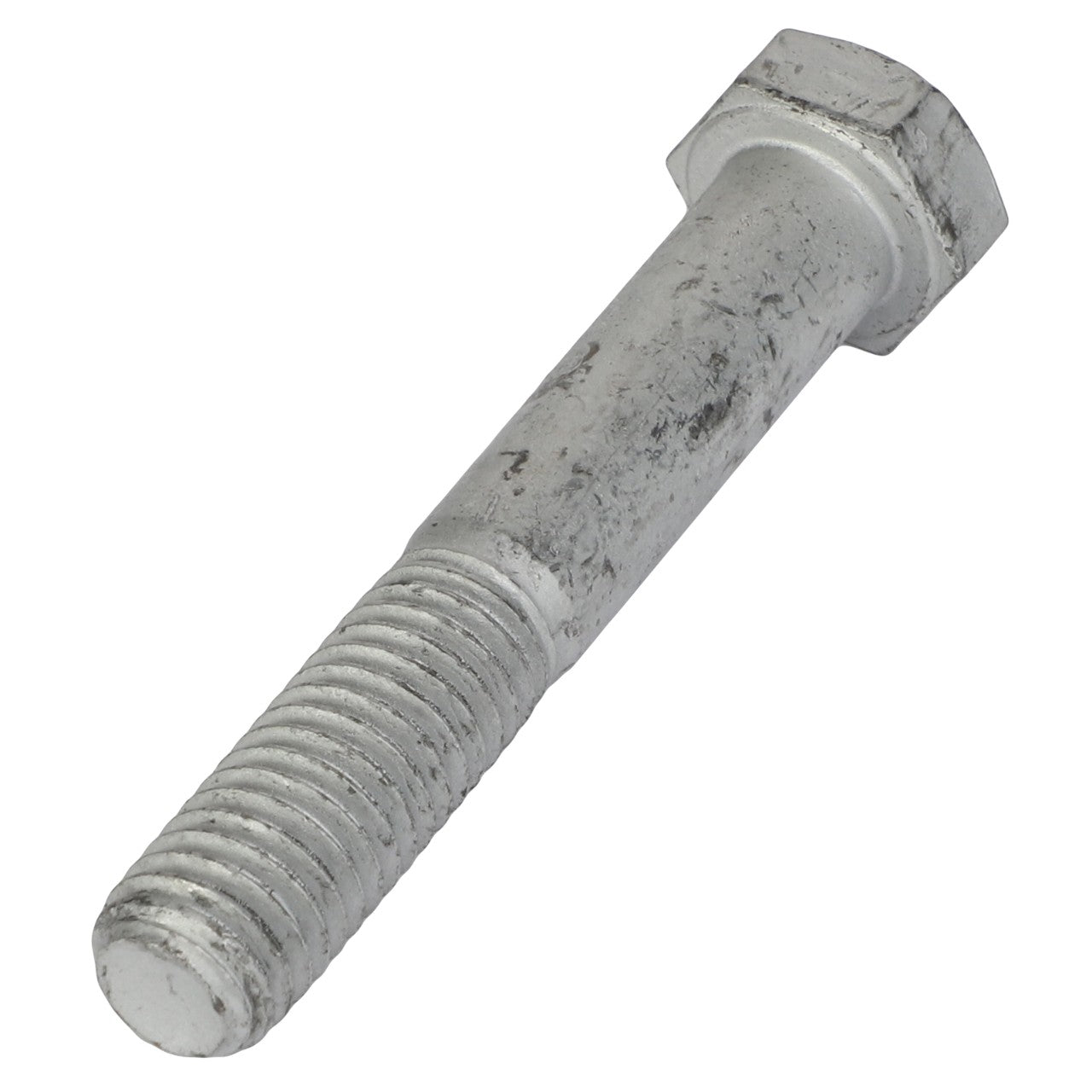 Close-up of the AGCO | HEXAGONAL HEAD BOLT - AG561887 with a threaded shaft and hexagonal head, showing signs of wear and slight corrosion.  