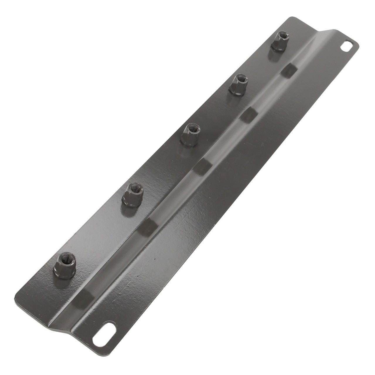 The AGCO Bracket - Acw1395690 is a black metal mounting bracket featuring six attached bolts and two elongated holes at each end.