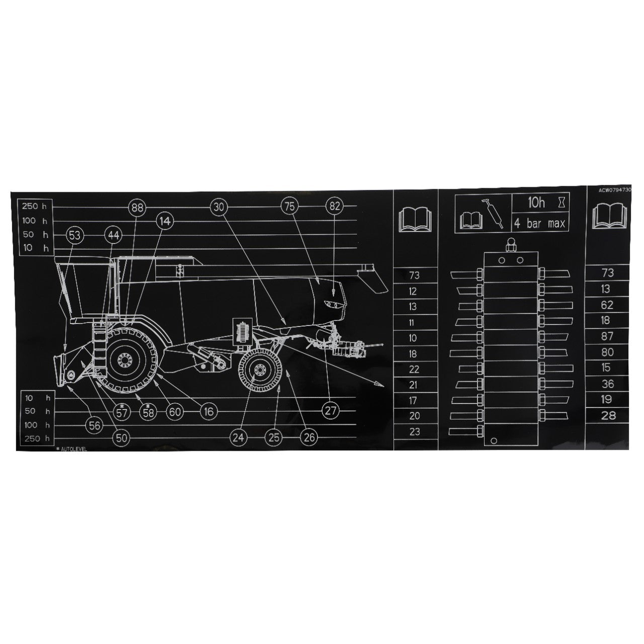 A technical diagram representing the side view of the AGCO Decal, Left Hand - Acw0794730 mechanical device with numbered parts and a pressure gauge. No current product description information is available for the AGCO branded product.