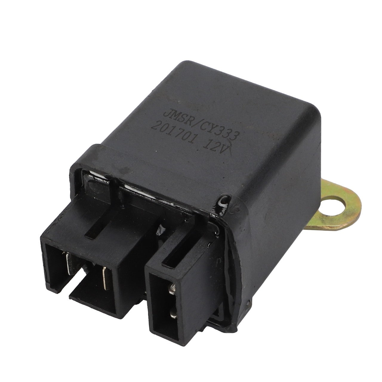 The AGCO | Relay, Starter, 12 V - ACY1581160 is a black, rectangular electronic component with multiple prongs and a metal mounting tab that ensures operating safety as part of AGCO Parts Genuine Electrics.