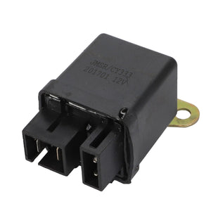 The AGCO | Relay, Starter, 12 V - ACY1581160 is a black, rectangular electronic component with multiple prongs and a metal mounting tab that ensures operating safety as part of AGCO Parts Genuine Electrics.