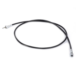 A black flexible AGCO Drive Wire Tachimeter - 3302472M91 with metal connectors on both ends, coiled in a loose loop, positioned against a plain white background, perfect for Valtra Models.