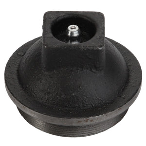 A round, black, metal industrial component known as the Cap - 191142M1 by AGCO features a threaded fitting on top and is specifically designed for MF models and other tractor parts by Massey Ferguson.