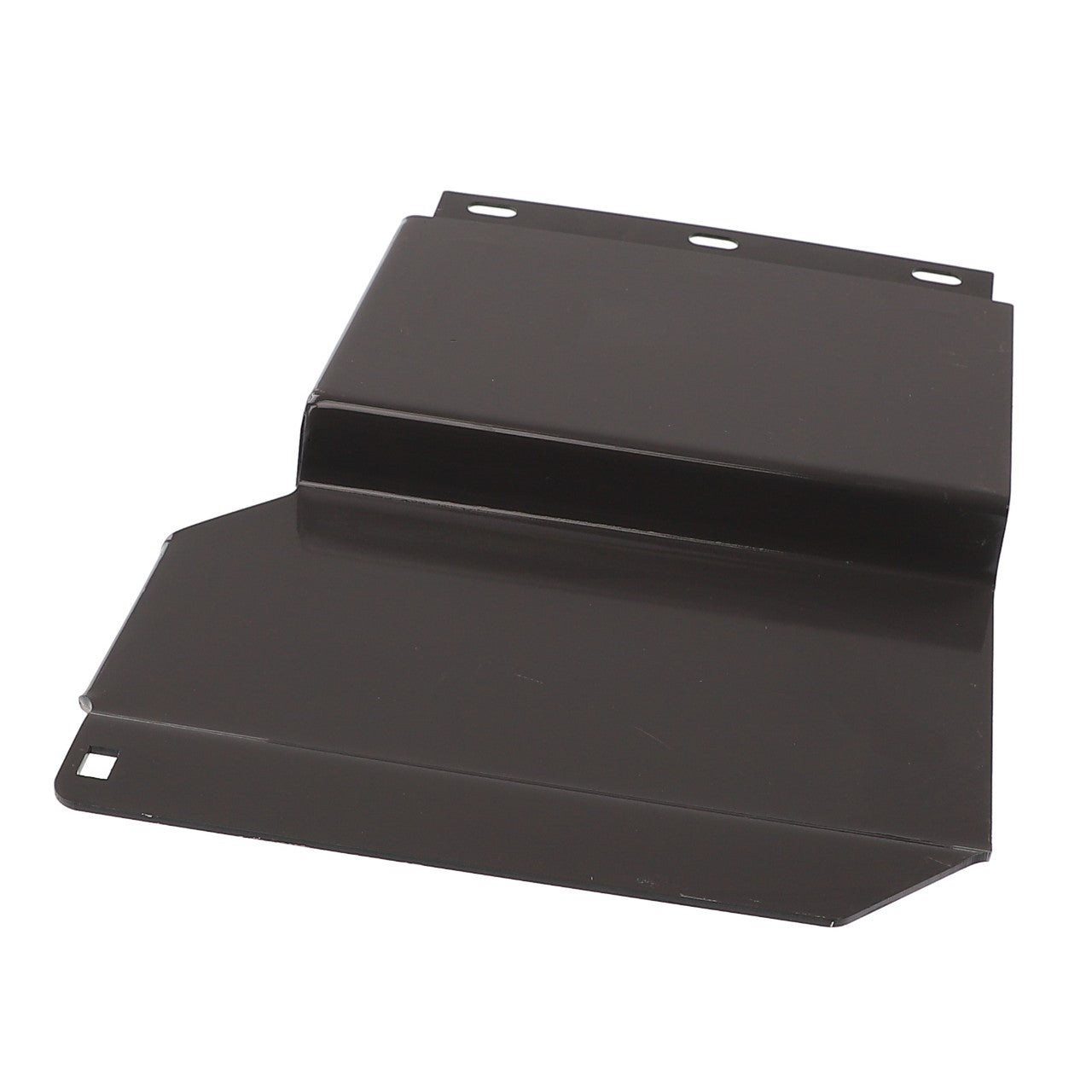 A black metal automotive part named the AGCO Lid - Acw1986630, featuring several angular and flat surfaces with bolt holes on one end for easy mounting.