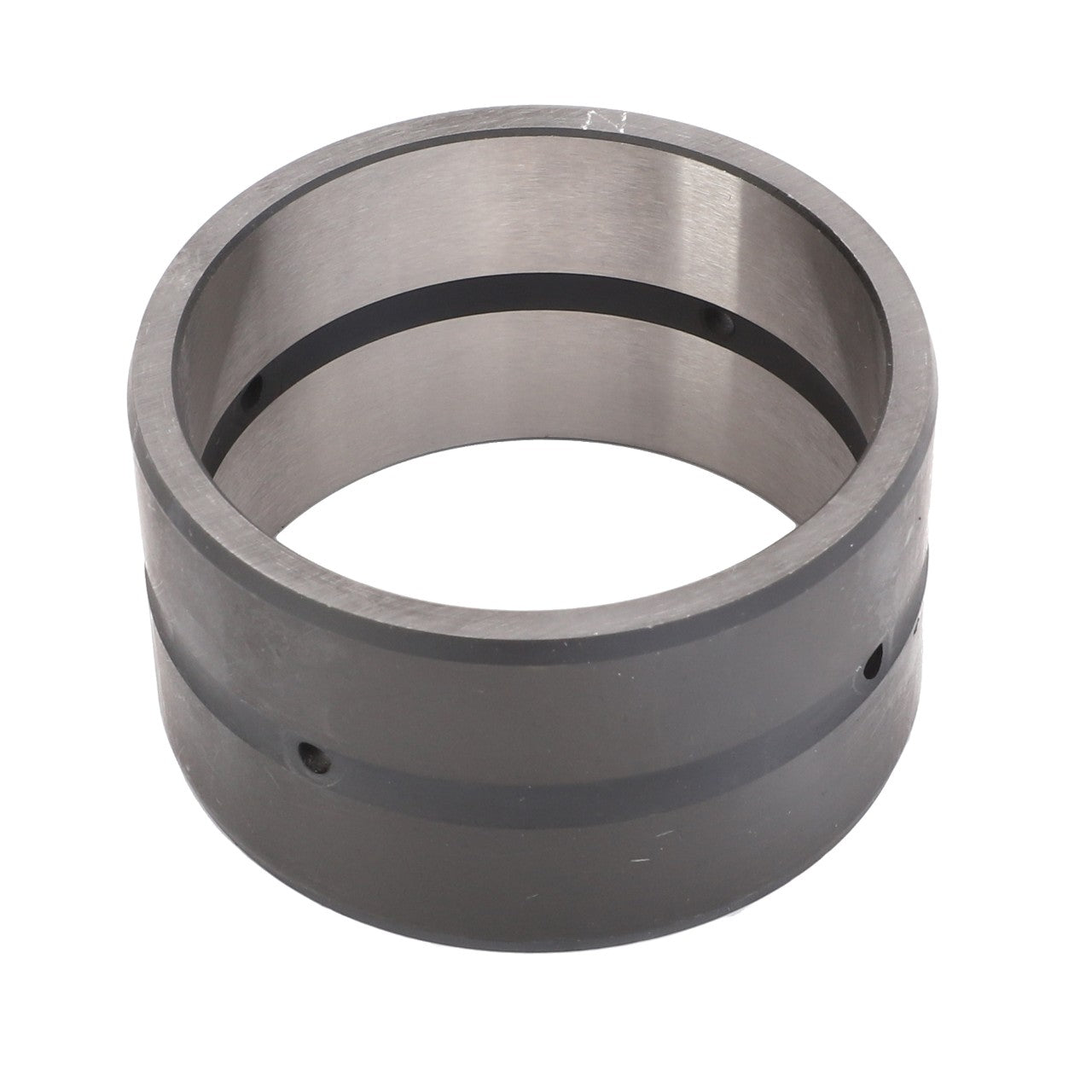 The AGCO | Bush - 3796372M2 is a cylindrical metal component featuring a hollow center and two dark stripes around its circumference, potentially serving as a mechanical part or bearing, making it suitable for Fendt Fitment.