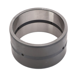 The AGCO | Bush - 3796372M2 is a cylindrical metal component featuring a hollow center and two dark stripes around its circumference, potentially serving as a mechanical part or bearing, making it suitable for Fendt Fitment.