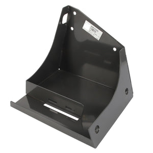 The AGCO Bracket - Acw1761810 is a black metal bracket with a slanted back and a flat base, featuring several holes and slots for mounting purposes. A small label with the brand name "AGCO" is attached to the upper section, but no current product description information is available.