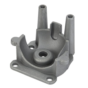 The AGCO | Bracket - Acw053037A by AGCO is a gray metal mechanical part featuring a cylindrical center, two vertical columns at the back, and two mounting holes at the base.