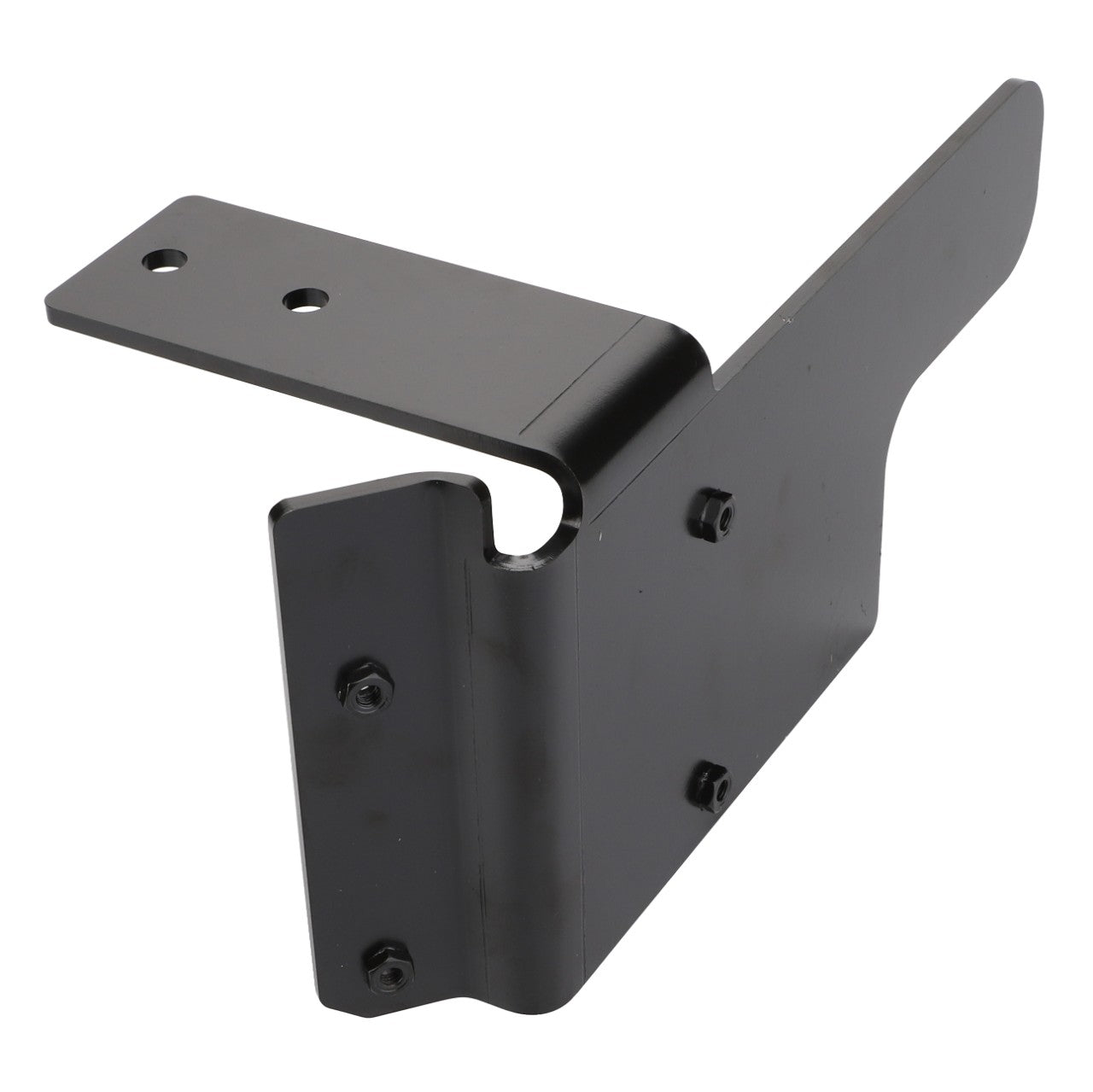 Introducing the AGCO | Cowl - Acw011957A, a black metal bracket featuring multiple holes and screws, designed specifically for mounting purposes. Brought to you by AGCO, this product ensures sturdy and reliable installation.