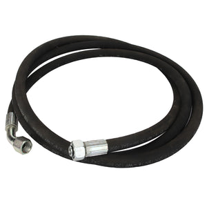 The AGCO | HOSE - D49070081 is a coiled black hydraulic hose equipped with metal fittings on both ends, featuring a bent fitting on one end. Currently, no additional product description information is available.