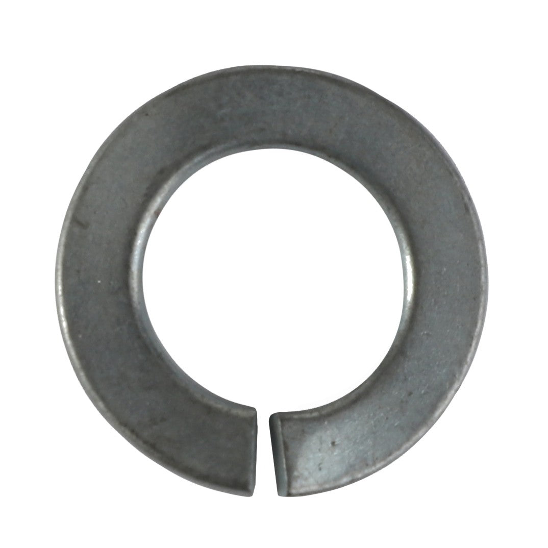 A detailed close-up view of the AGCO | Lockwasher - 1102802, a metal split lock washer featuring a single gap, designed for securing bolts and screws. No current product description available.