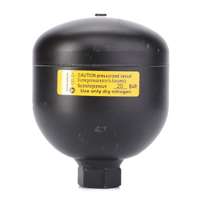 A black pressurized vessel marked with a yellow warning label for dry nitrogen use, featuring a 20 bar pressure rating, commonly used in energy storage applications - AGCO | Diaphragm Accumulator, 0.50 L - AL5045140.