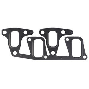 The AGCO Joint - 4223727M1 is a black metal automotive gasket featuring three rectangular cutouts and multiple bolt holes, specifically designed for engine assembly in Massey Ferguson MF models, and is compatible with both 2WD and 4WD systems.