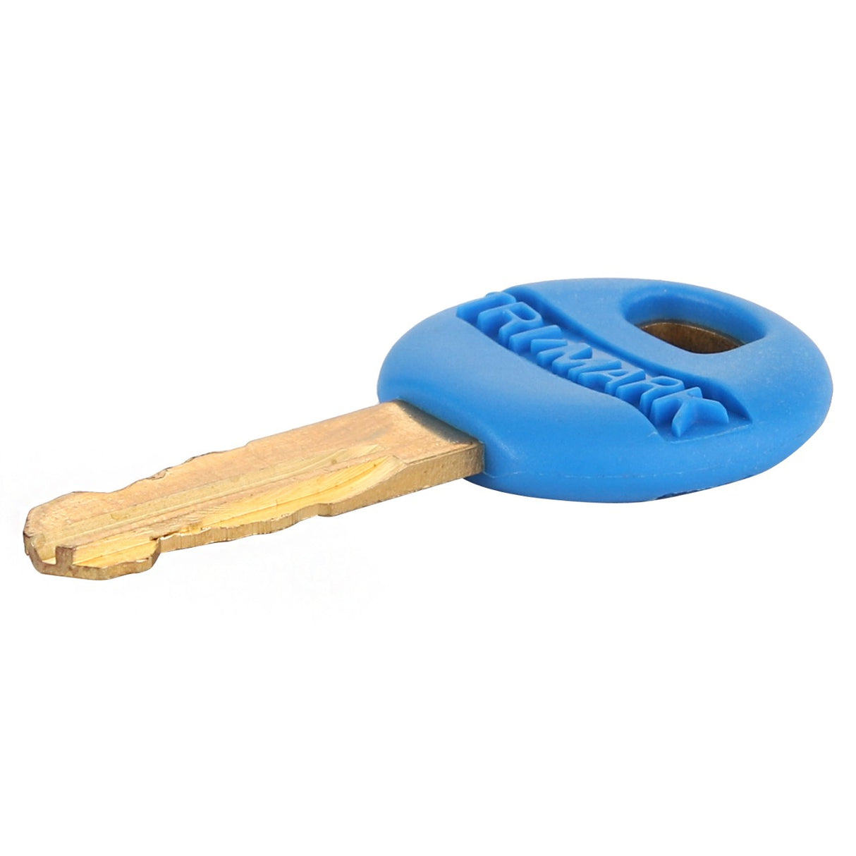 The AGCO Lock Key - Acw0461630, branded by AGCO, is a brass key with a blue plastic cover on the head and features a hole for attaching to a keyring.