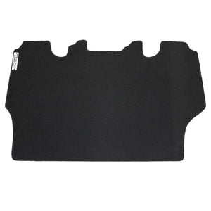 Currently, there is no description available for the AGCO Floor Mat - Acp0610170, a sleek, black rectangular vehicle carpet mat designed with cutouts for seat bases and featuring a small label on one edge.