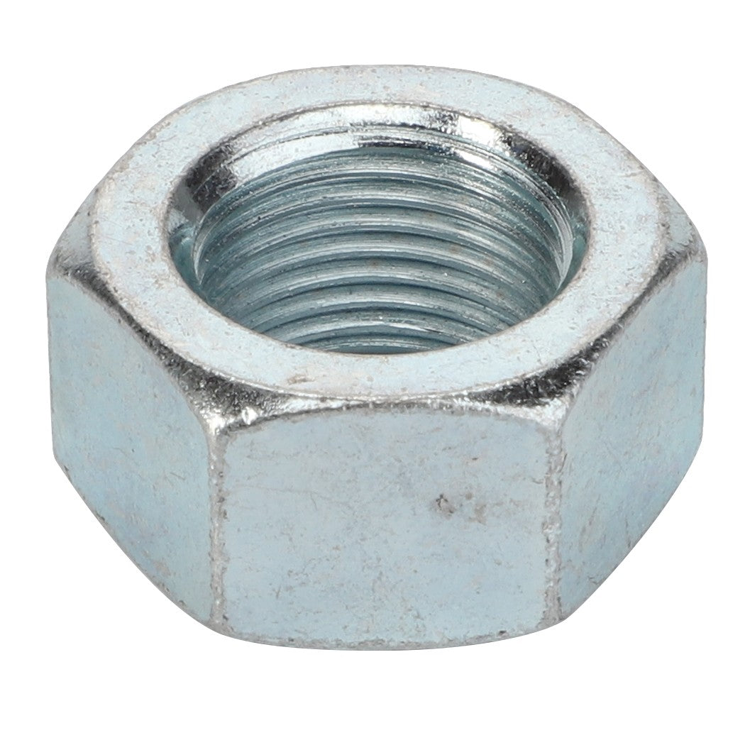 A close-up view of the AGCO HEX NUT - CH6V-8227, a metallic hexagonal nut featuring precise internal threading.