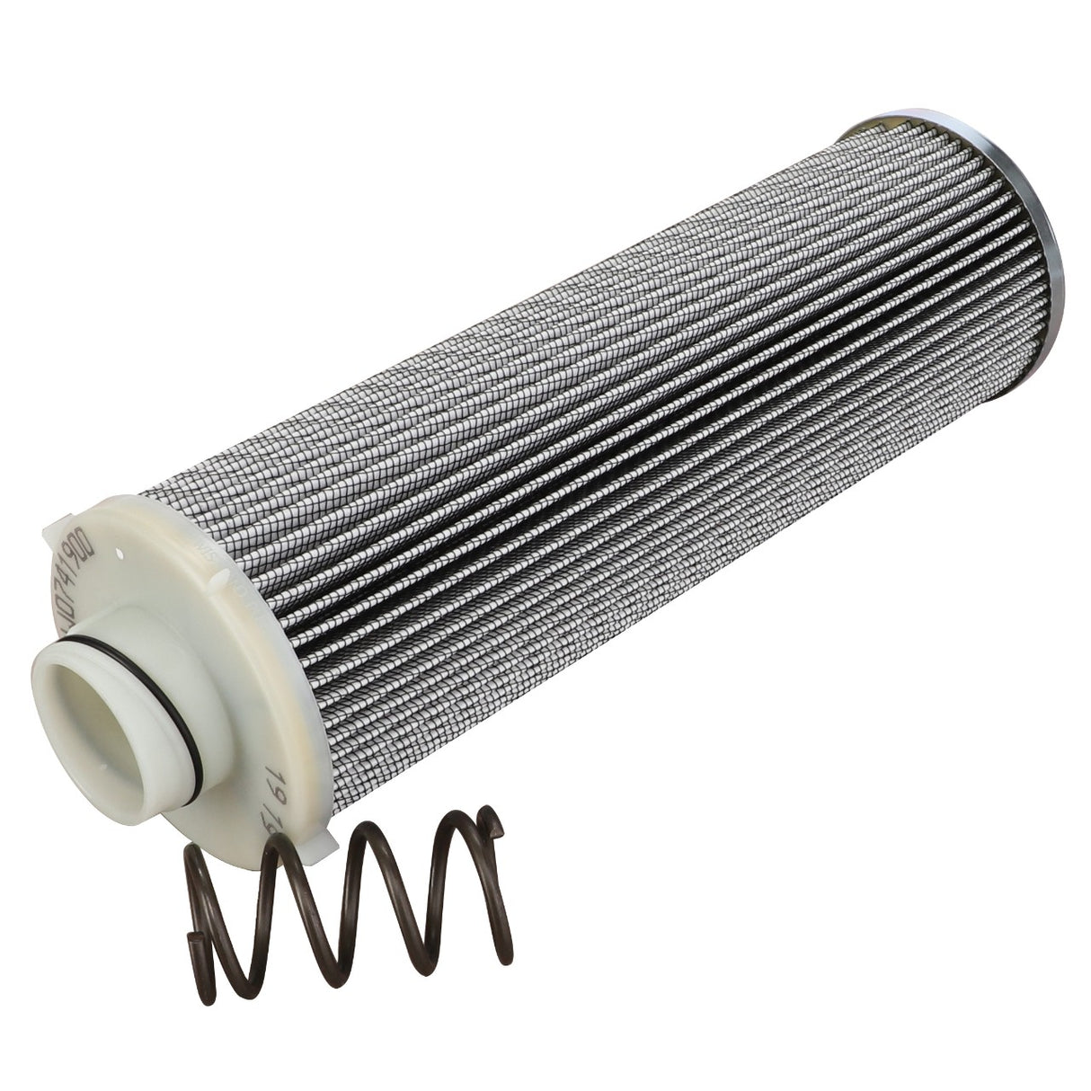 AGCO's Hydraulic Filter Cartridge - Acw0741900 is a genuine cylindrical metal filter element featuring an attached spring and a white plastic cap on one end, designed for optimal performance in hydraulic components.