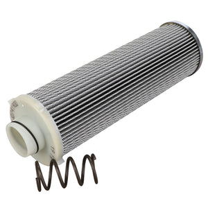 AGCO's Hydraulic Filter Cartridge - Acw0741900 is a genuine cylindrical metal filter element featuring an attached spring and a white plastic cap on one end, designed for optimal performance in hydraulic components.