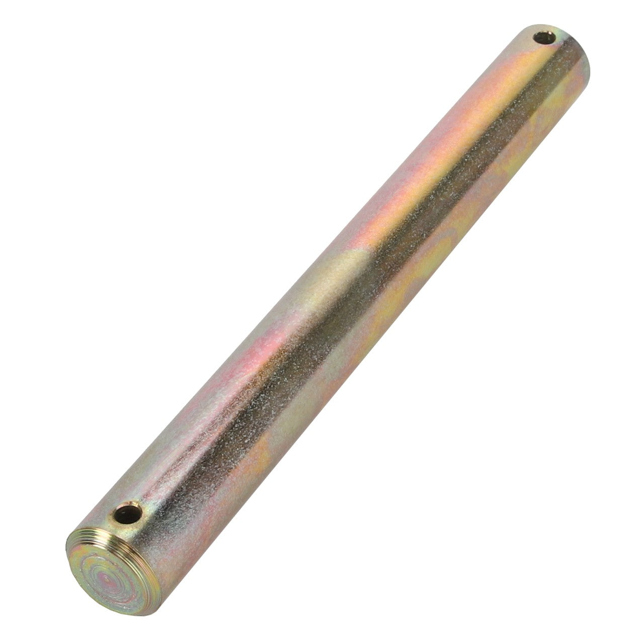 An AGCO | CLEVIS PIN - D28282039, a cylindrical metal rod with a gradient finish, features a slightly rounded end and small holes near the endpoints.