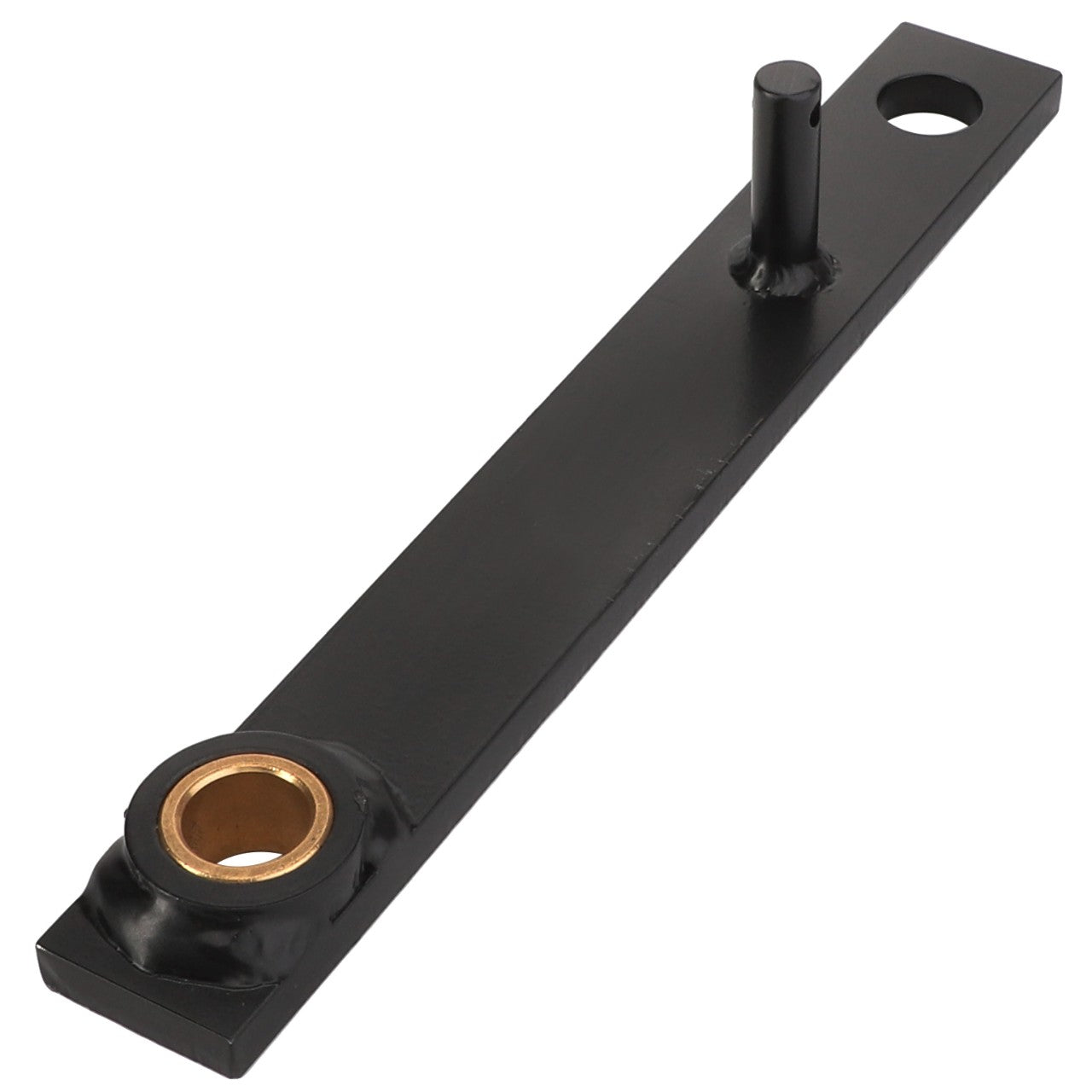 The AGCO | ARM - D28273882, a black metal bracket by AGCO, features a cylindrical pin on one end and a circular hole on the other. No current product description information is available.