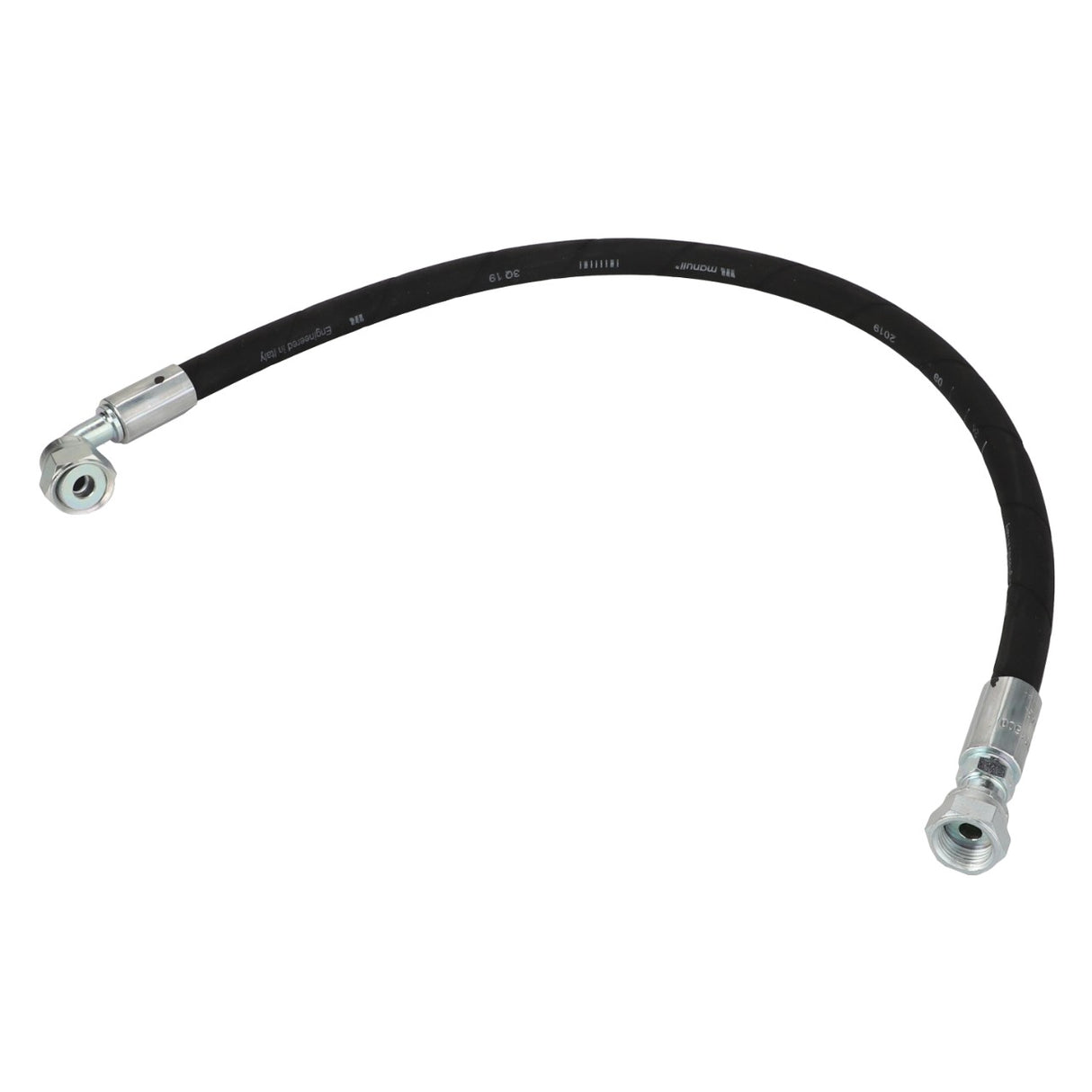 The AGCO Pressure Hose - Acw1701500 is a durable rubber hose with metal fittings on both ends, designed for efficient fluid transfer or use in hydraulic systems.