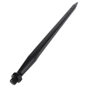 Image of an AGCO Bale Handling Implement Tine - Acp0293630, featuring a black metal chisel attachment with a threaded end, suitable for industrial or construction equipment. This elongated, pointed-tip chisel boasts exceptional wear resistance, making it ideal for heavy-duty tasks.