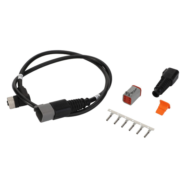 Displayed on a pristine white background is the AGCO | Jumper Harness - Acx3495120, featuring a black cable with connectors, a gray and red adapter, a black L-shaped connector, an orange clip, and a strip of six metal pins.