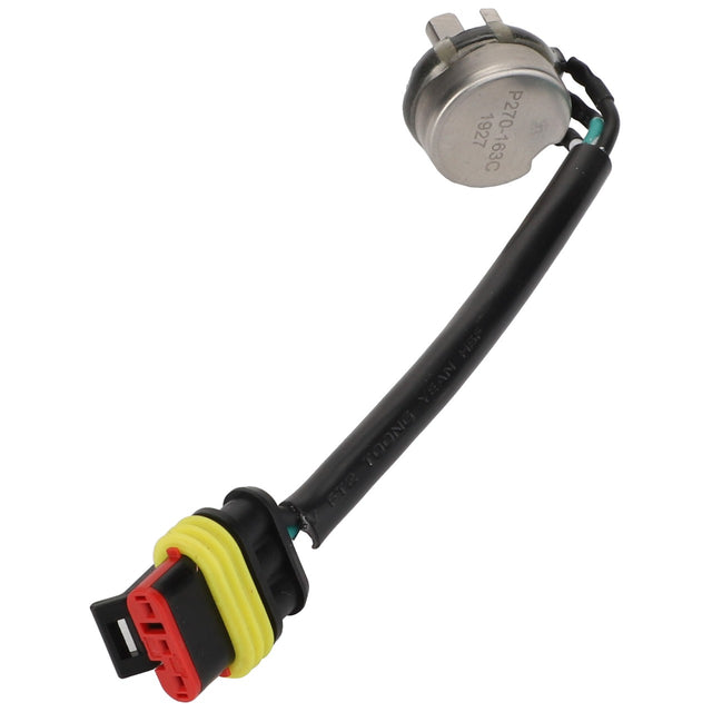 The AGCO Potentiometer - Acp0333030 features a black cable and a red and yellow connector. The metal sensor end is cylindrical and engraved with text, although no additional product information is currently available.