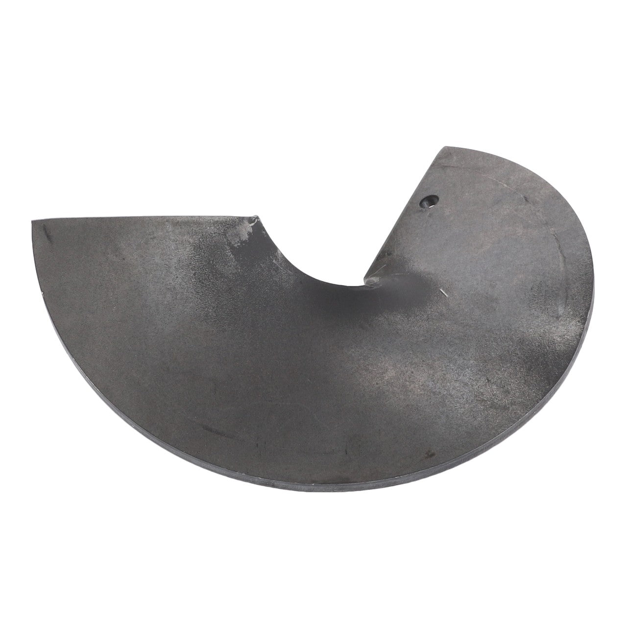 The AGCO Auger, Final Section Unloader Grain Tank (part number D28585036) is a semi-circular metal tool featuring a small notch cut out in the center and a hole near the edge, designed to ensure peak efficiency and maximum uptime.