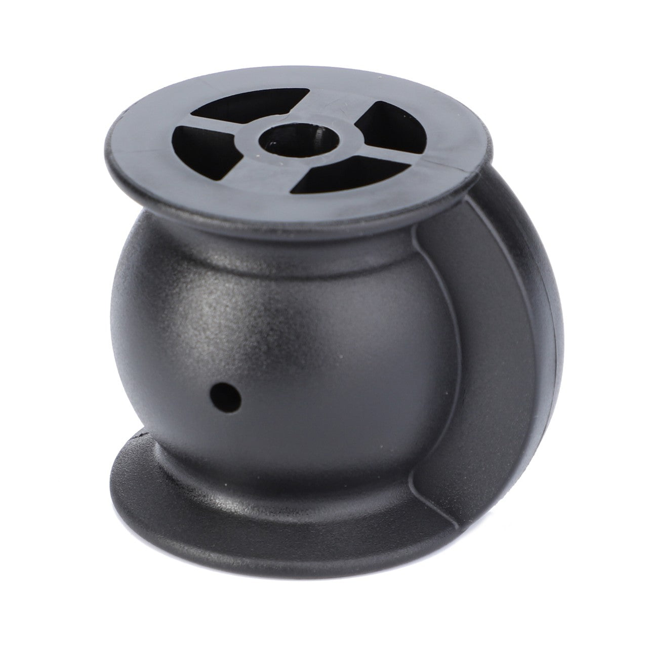 A black plastic spool with a round base and multiple small openings on the top, reminiscent of the meticulous engineering found in AGCO's Upper Link Holder Ball, Cat 3 - 184870050150.