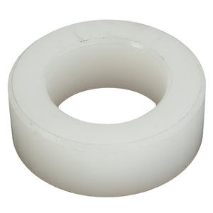 The product is a white, cylindrical, hollow plastic ring with a smooth surface, viewed at a slight angle. It is the AGCO Spacer - D28250305 by AGCO. No further product description information is available.