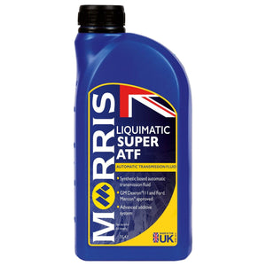 A blue bottle of AGCO Oil - VACC3443 automatic transmission fluid, 1 liter, featuring a synthetic base, GM Dexron III and Ford Mercon approval, with an advanced additive system. Suitable for brands like Massey Ferguson. Made in the UK.