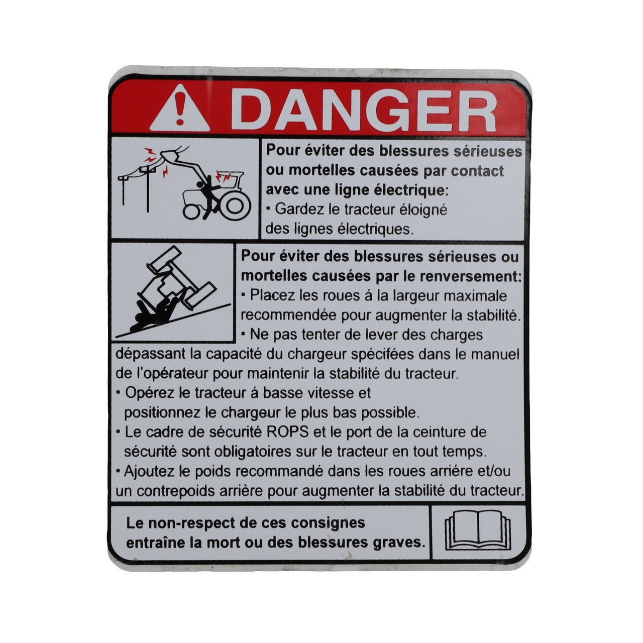 AGCO | DANGER DECAL - AL11137222: Warning sign in French displaying instructions to avoid serious or fatal injuries caused by contact with electrical lines, rollover accidents, and other tractor-related hazards.