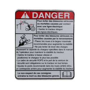 AGCO | DANGER DECAL - AL11137222: Warning sign in French displaying instructions to avoid serious or fatal injuries caused by contact with electrical lines, rollover accidents, and other tractor-related hazards.