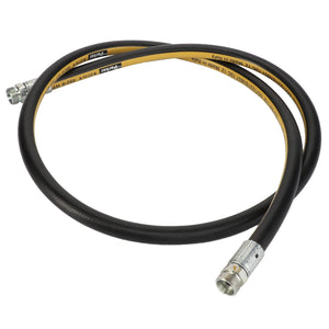 Product Description: The AGCO | HYDR. HOSE - D45130015 by AGCO is a flexible black and yellow hose with metal connectors on both ends, coiled in a loop.