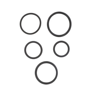 Five black rubber O-rings of different sizes, resembling genuine seals from the AGCO Seal Kit, Control Valve - F716150200090, are arranged in a simple pattern on a white background.