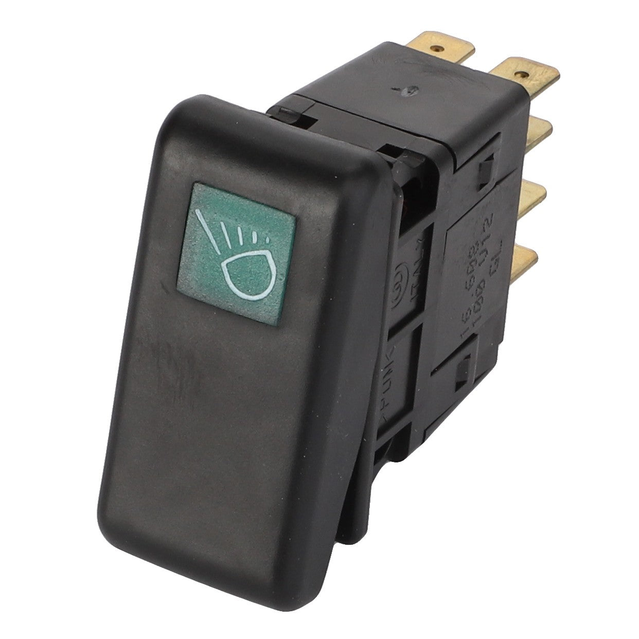 The AGCO Light Switch - Acw1669890 displays a black rocker design featuring a headlight symbol on its green indicator. The switch is equipped with several brass terminals on the back to ensure efficient electrical connections.