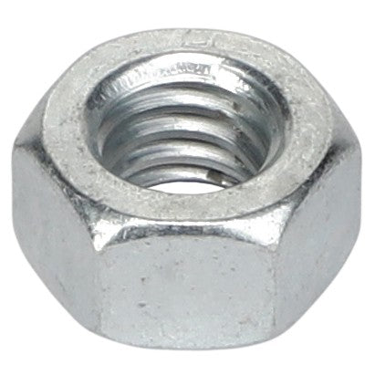 Close-up of the AGCO | HEX NUT - AG557668. The hexagonal metal nut features a threaded hole in the center and a shiny, metallic surface.