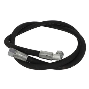 The AGCO | HYDR. HOSE - AL1103162 is a coiled, black hydraulic hose measuring 1500 mm in length and 3/8" in diameter, featuring metal fittings on both ends.