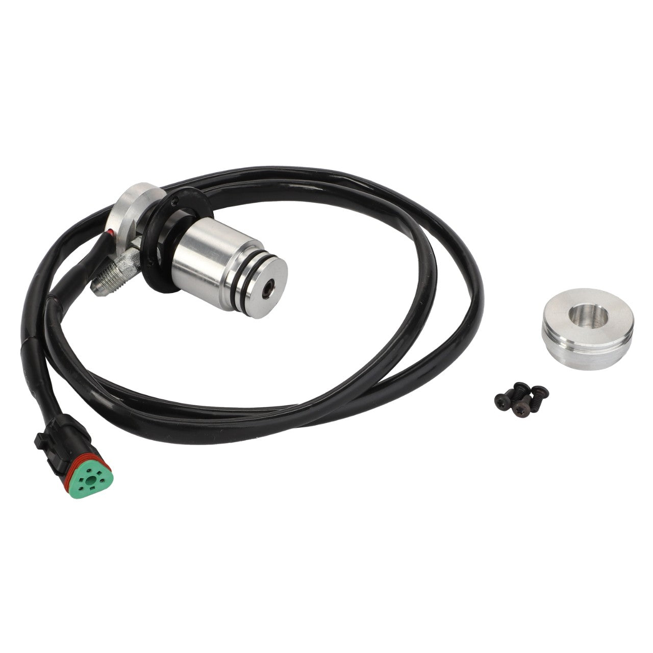 The AGCO Sensor Kit Cooling Fan (Acp0658220) is displayed neatly on a white background, featuring a cylindrical sensor with an attached cable and connector, a metal ring, and small black screws.