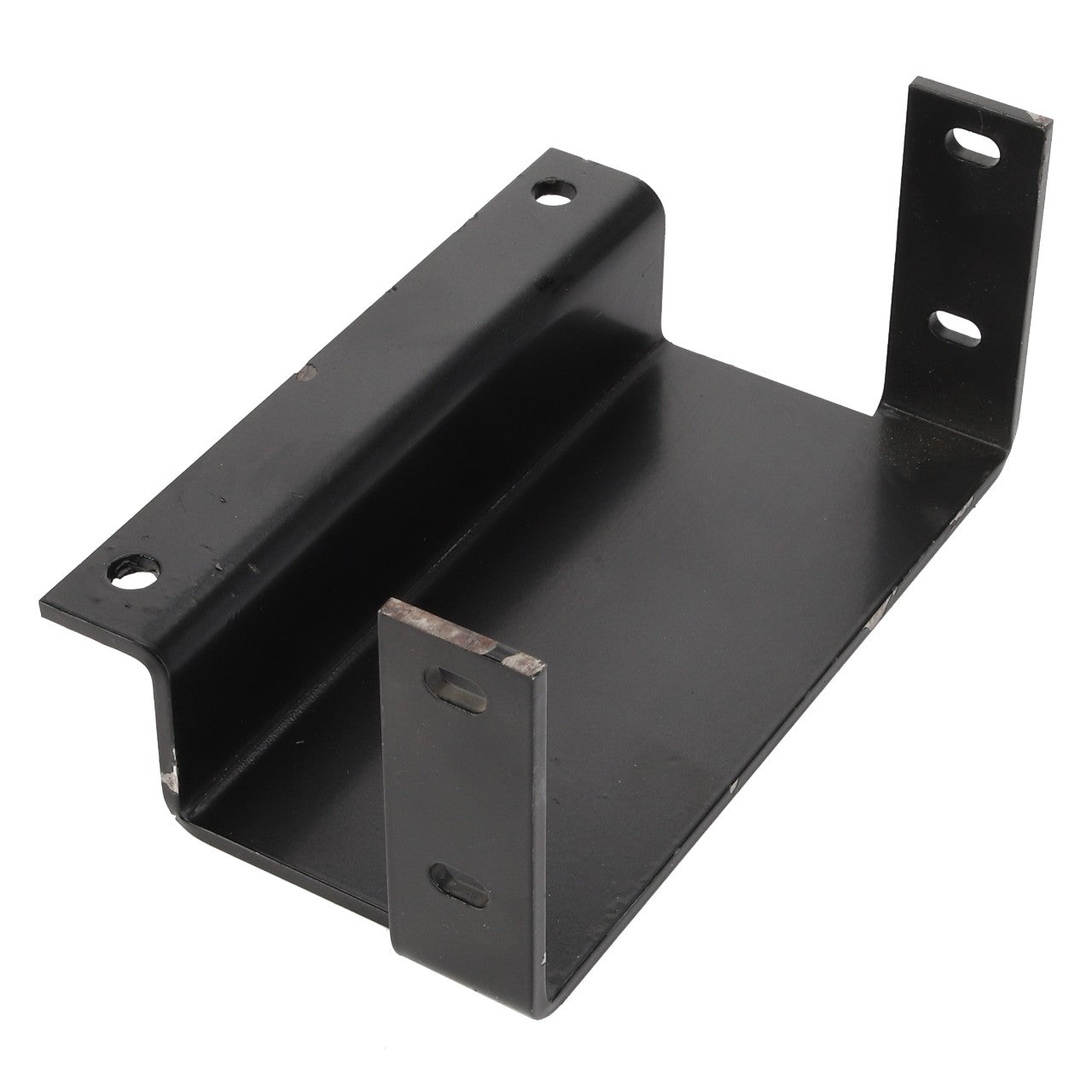 The AGCO | BRACKET - D28185173 is a black metal bracket with a flat base and perpendicular side flanges, featuring pre-drilled holes for mounting. No current product description information is available.