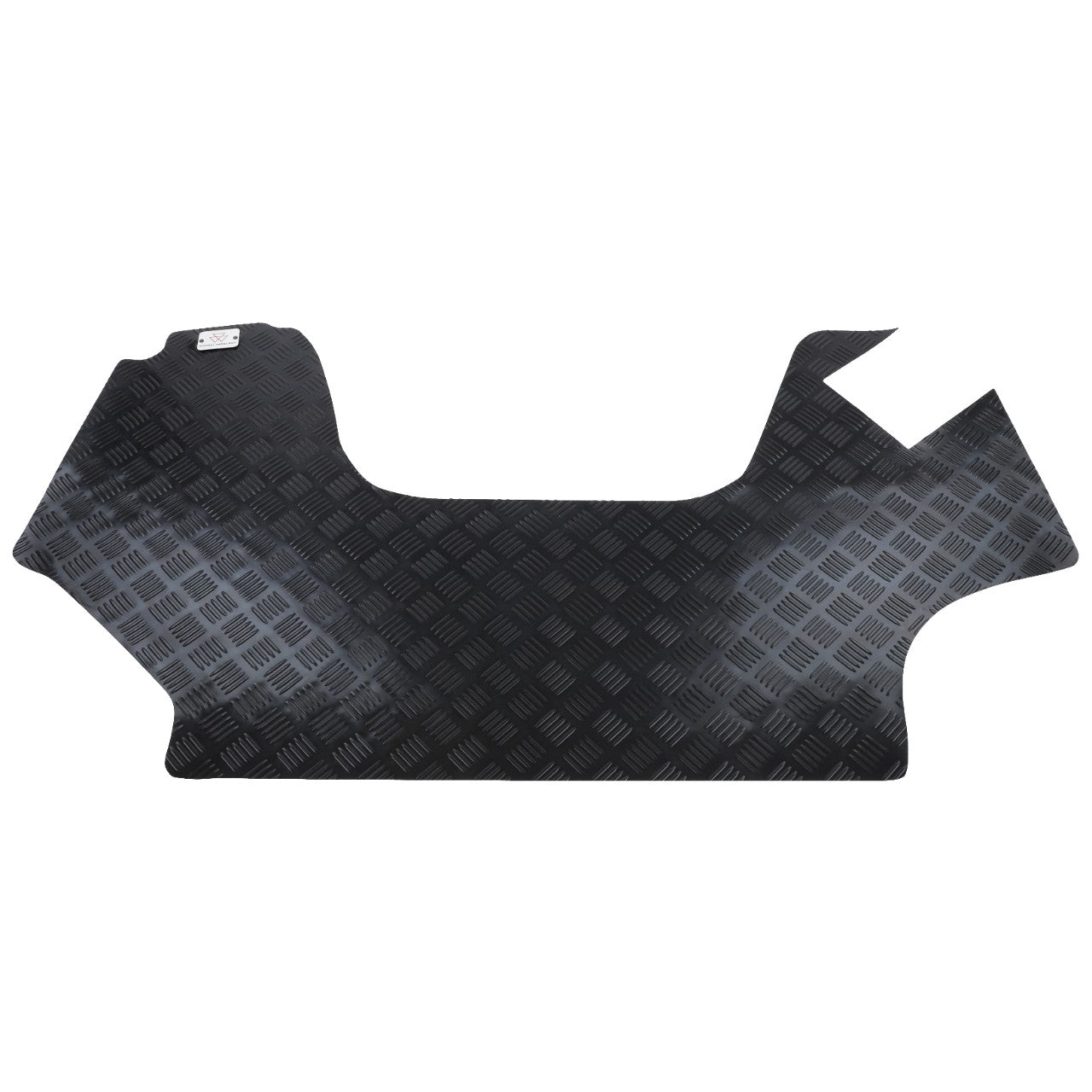 The AGCO | Floor Mat - Acp0621370 by AGCO is an industrial black rubber mat with a textured diamond plate pattern, precisely cut into a specific shape for optimal fitting purposes.