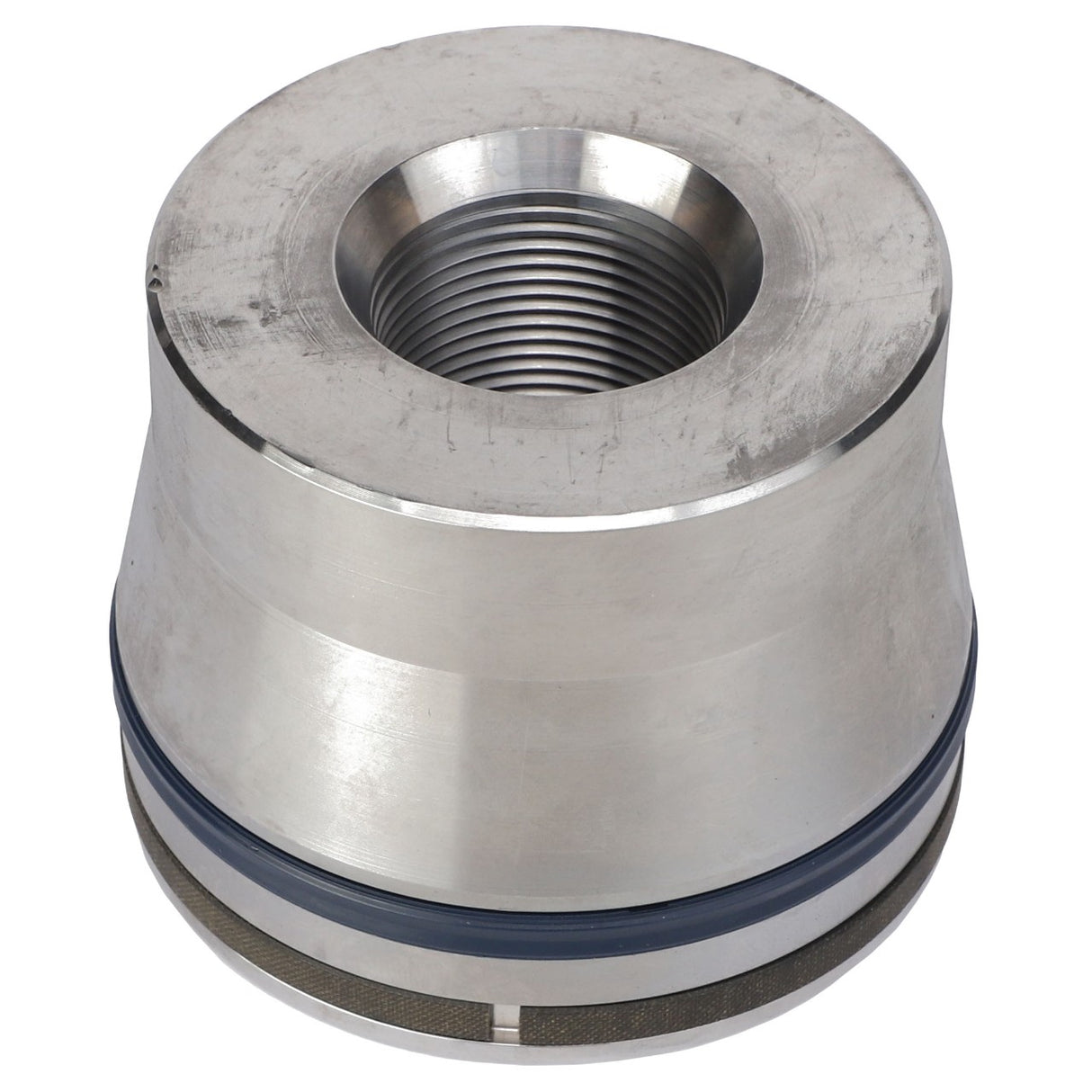 The AGCO PISTON - AL12709012 is a cylindrical machine part made of metal, featuring a threaded hollow center and equipped with a rubber seal around its base.