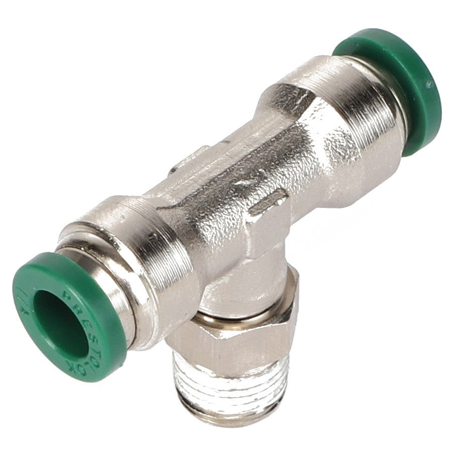 The AGCO T-piece (Model AG725624) is a metal T-shaped pipe fitting featuring green plastic caps on the two opposing ends and a threaded bottom end. Currently, no additional product description information is available.