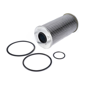 A cylindrical metal filter with multiple pleats, accompanied by three various-sized rubber O-rings, arranged against a plain white background, ensures maximum protection and prolonged service life with AGCO Engine Oil Filter Cartridge - 6273806M1.