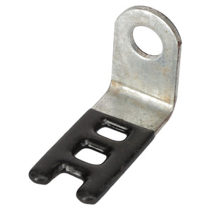 A metal bracket known as the AGCO LADDER CLIP - CH132-5789, featuring a hole at the top for fastening and two rectangular cutouts in the lower section, is partially coated in black material. No relevant keywords can be extracted from the provided description.